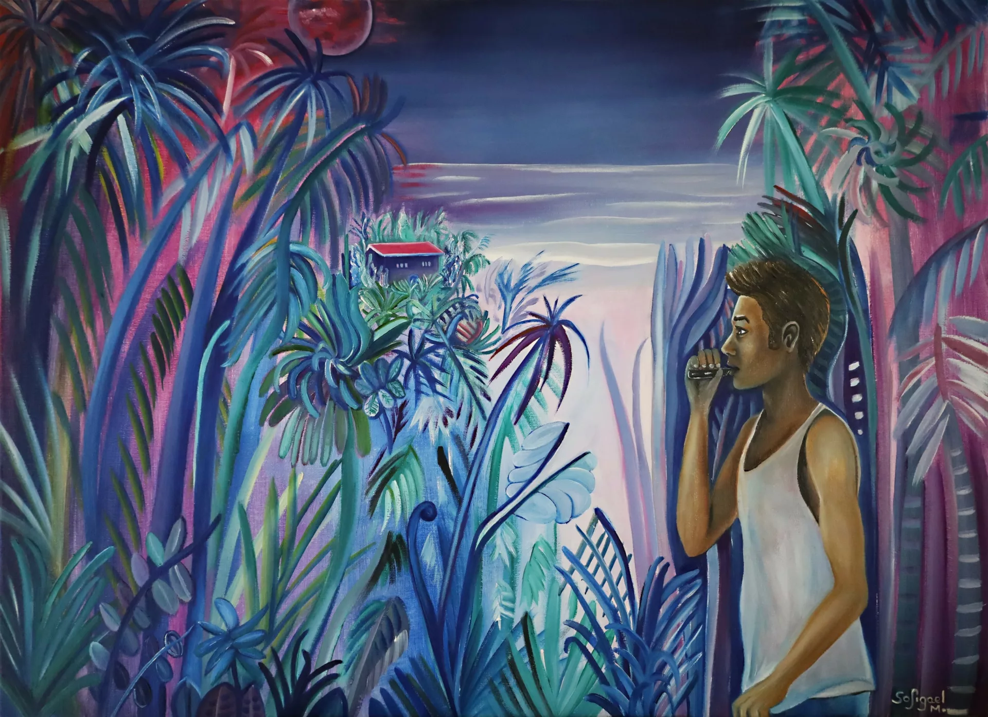 Vape de minuit à Nebula Bay - Sofigael M. - Huile sur lin - 73 x 100 cm