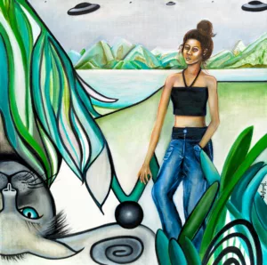 Promenade avec mon chat - Sofigael M. 2025 - Huile sur lin - 50 x 50 cm