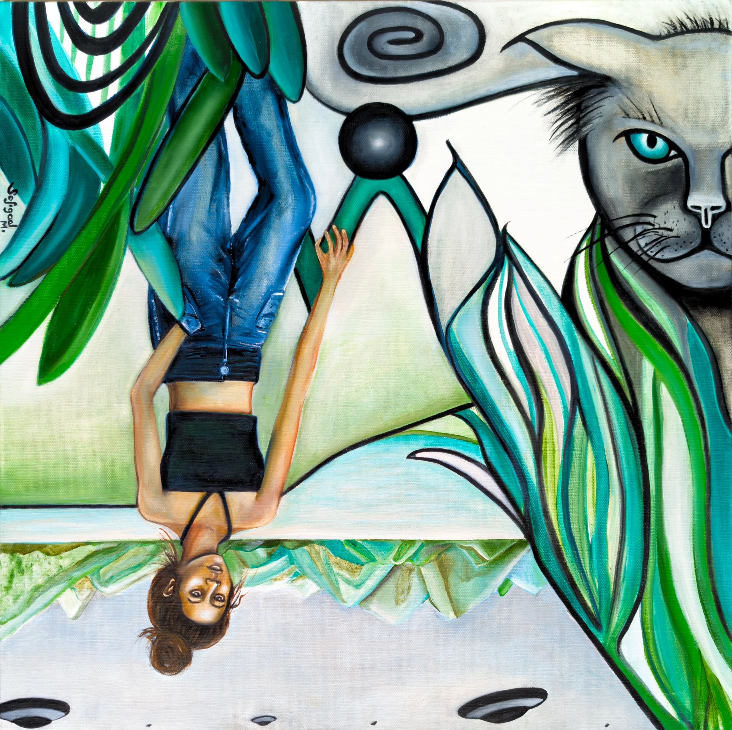Promenade avec mon chat - Sofigael M. 2025 - Huile sur lin - 50 x 50 cm