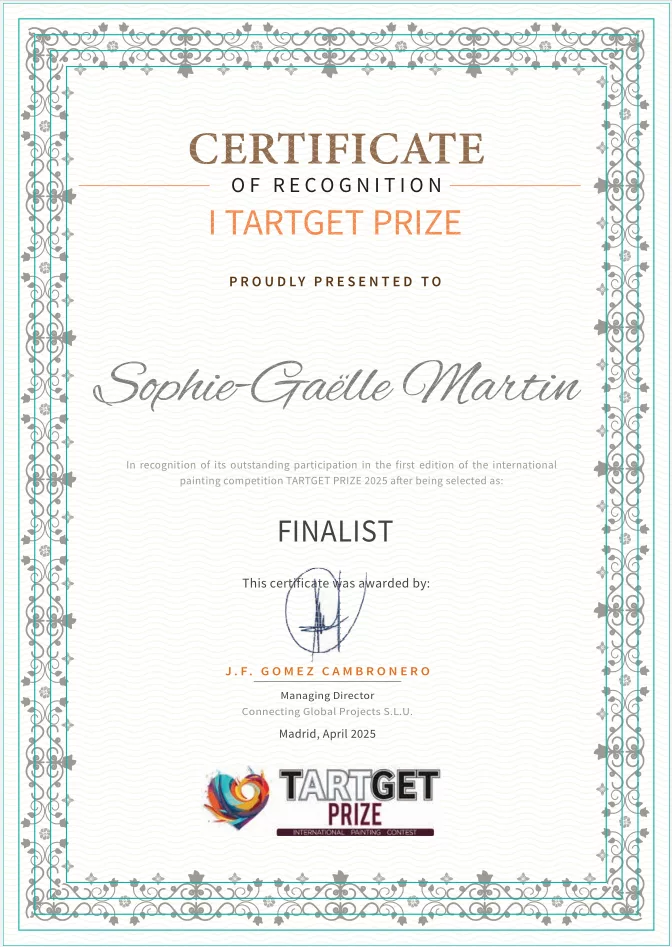 Certificat de finaliste TARTGET PRIZE 2025 Sophie-Gaelle Martin