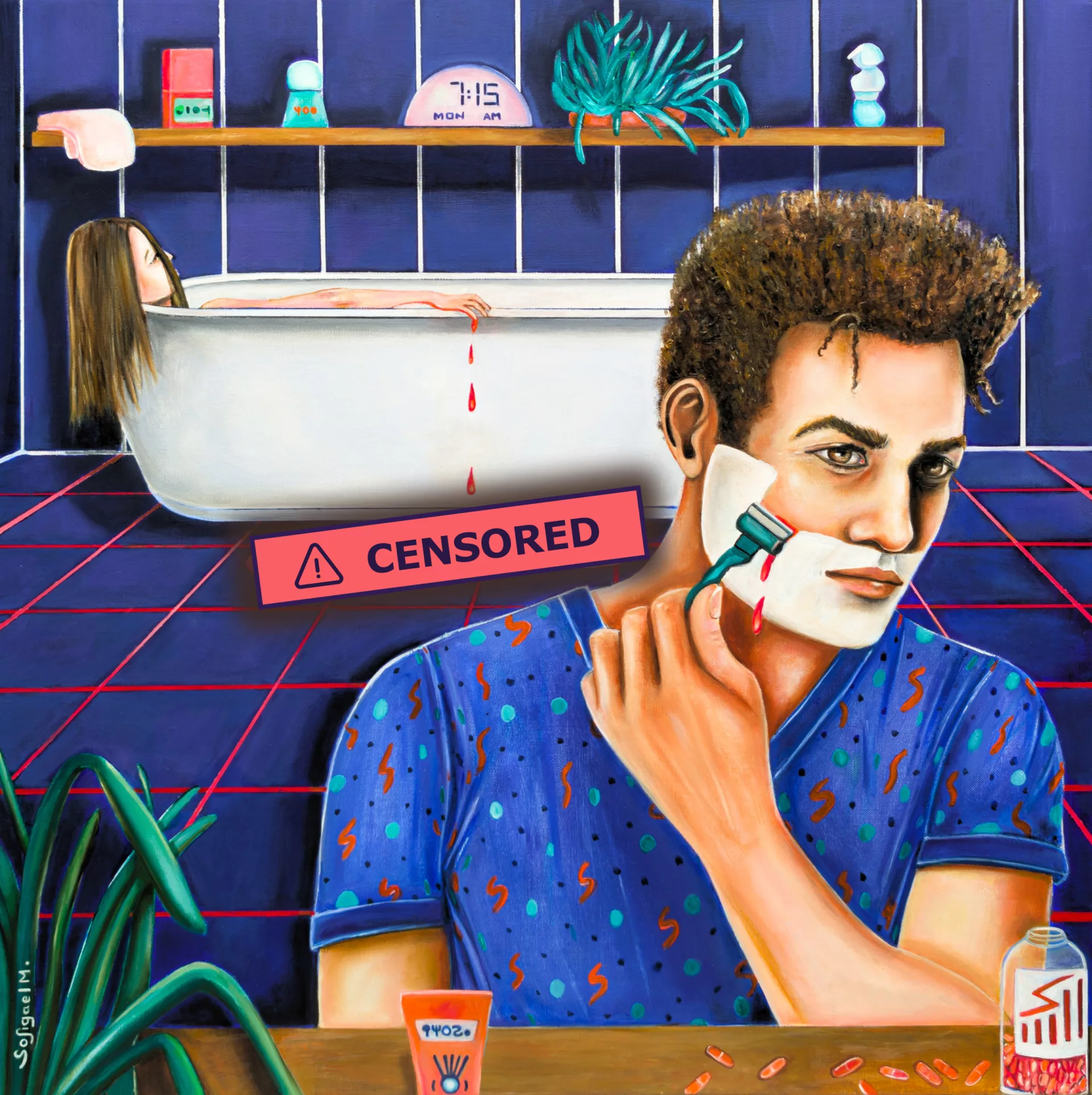 Monday morning • Version censurée • 2026 • Sofigael M. • Huile sur lin • 70x70 cm